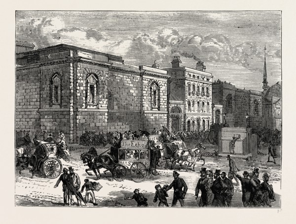 FRONT OF NEWGATE FROM THE OLD BAILEY. London, UK, 19th century engraving