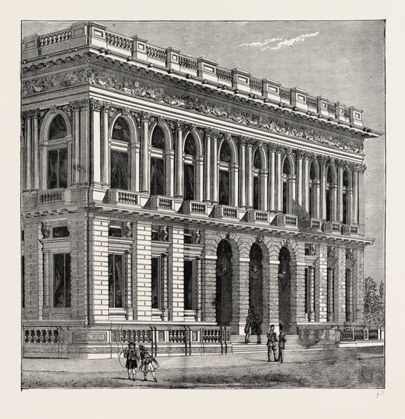 FRONT OF THE ARMY AND NAVY CLUB. London, UK, 19th century engraving