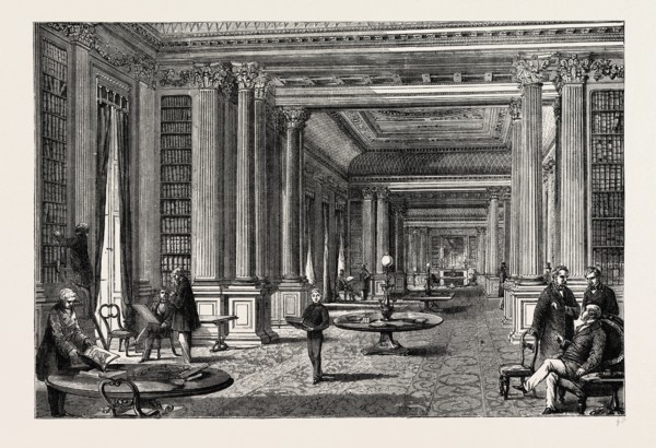 LIBRARY OF THE REFORM CLUB, London, UK, 19th century engraving