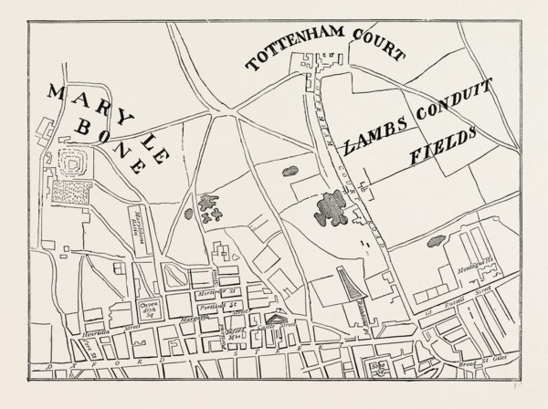 Map of Rathbone Place and neighbourhood, 1746, London, UK, 19th century engraving
