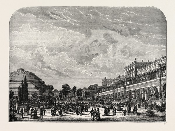 THE HORTICULTURAL GARDENS AND EXHIBITION BUILDING. London, UK, 19th century engraving
