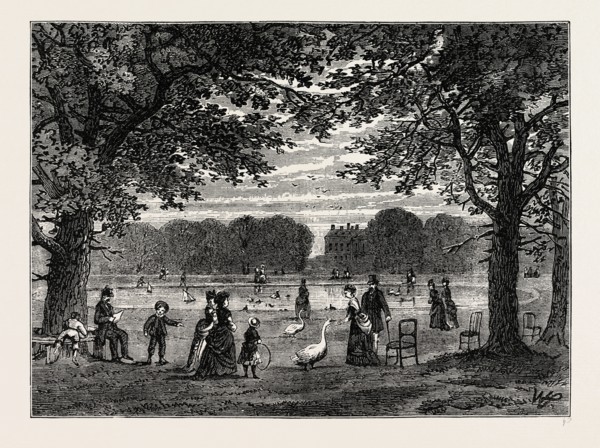 THE ROUND POND, KENSINGTON GARDENS. London, UK, 19th century engraving