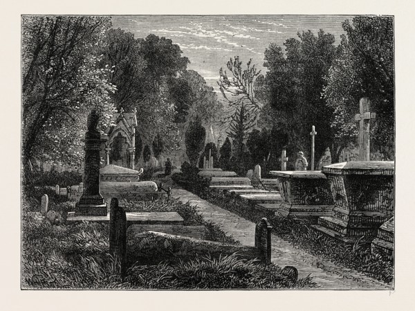 KENSAL GREEN CEMETERY. London, UK, 19th century engraving