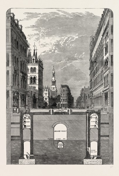SECTION OF THE HOLBORN VIADUCT, SHOWING THE SUBWAYS. London, UK, 19th century engraving