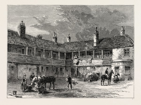 COURT-YARD OF THE "ROSE AND CROWN," 1820. London, UK, 19th century engraving