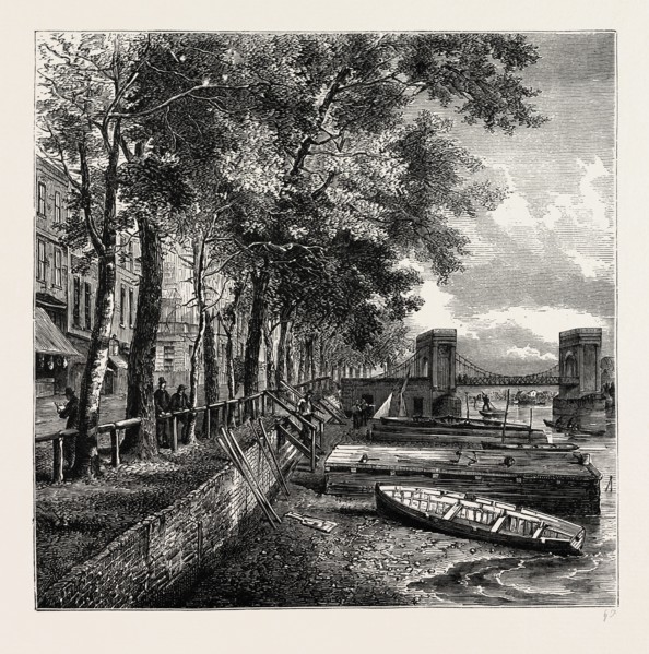 CHEYNE WALK AND CADOGAN PIER. London, UK, 19th century engraving