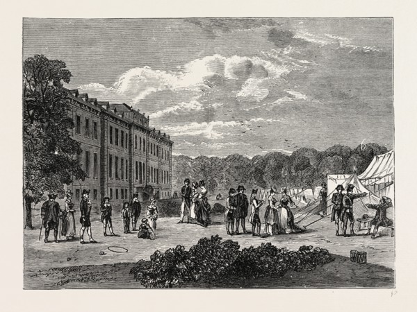 ENCAMPMENT IN THE GARDENS OF MONTAGU HOUSE, 1780. London, UK, 19th century engraving