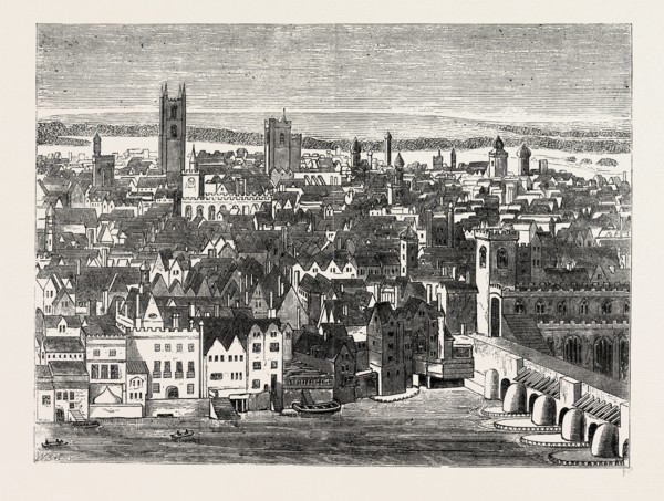 THE NEIGHBOURHOOD OF LONDON BRIDGE. From Hollar's View. London, UK, 19th century engraving
