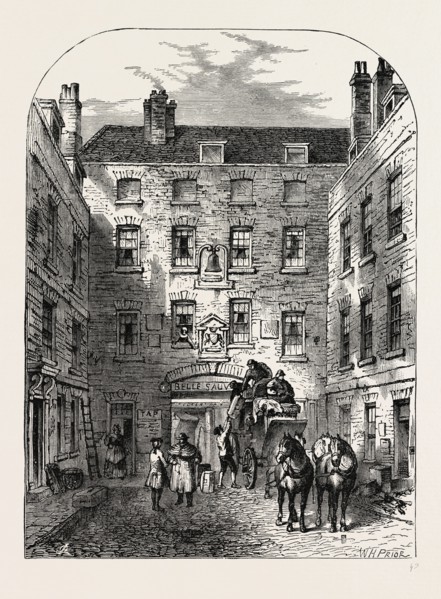 OUTER COURT OF LA BELLE SAUVAGE IN 1828  London, UK, 19th century engraving