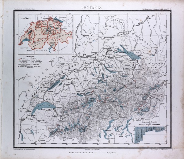 Switzerland, Schweiz, atlas by Th. von Liechtenstern and Henry Lange, antique map 1869