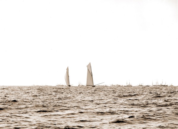 Columbia and Shamrock I, luffing into the excursion fleet, Columbia (Sloop), Shamrock I (Yacht),