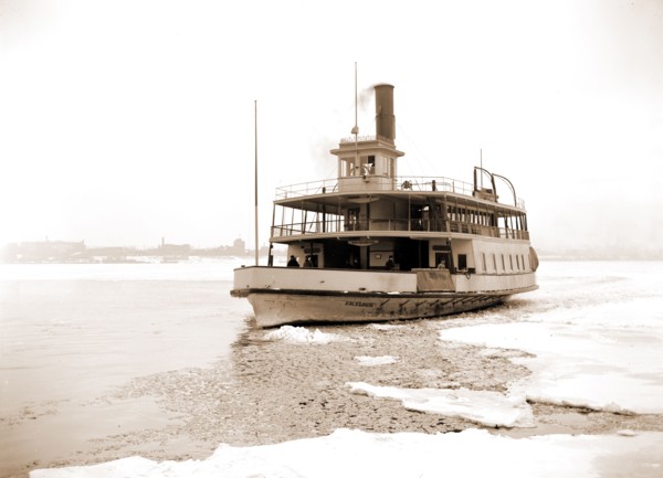 Detroit River ferry boat in ice, Excelsior (Ferry boat), Ice, Ferries, Rivers, United States,