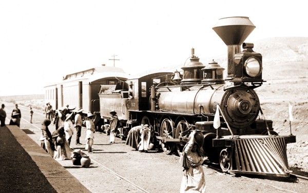 Mexican Central Railway train at station, Mexico, Jackson, William Henry, 1843-1942, Railroad