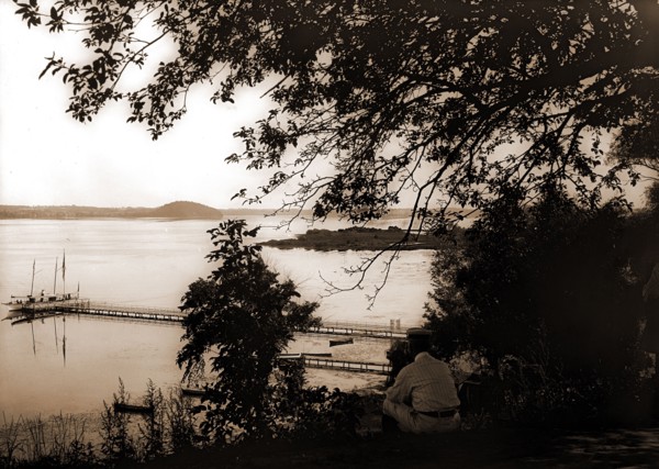 Lakefront with steam yachts at pier, Saratoga Lake, Saratoga, N.Y, Lakes & ponds, Piers & wharves,