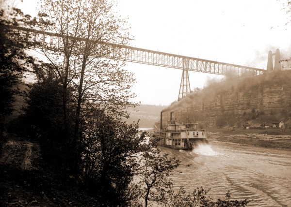 Str. Falls City passing High Bridge, Ky, Falls City (Stern wheeler), Stern wheelers, Railroad