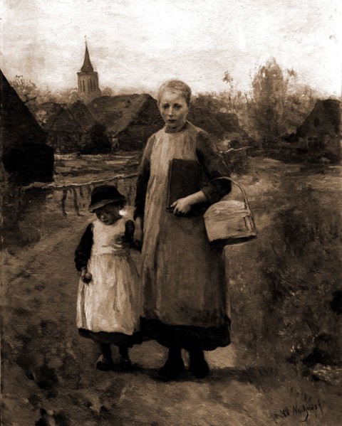 Children of Laren going to school, Neuhuys, Albert, 1844-1914, Walking, Children, Netherlands,