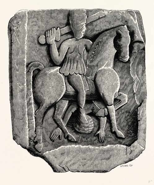 Roman Sculptured Stone from Kirkby Thore, UK, England, engraving 1870s, Britain