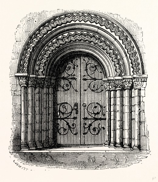 West Doorway, Melbourne Church, UK, England, engraving 1870s, Britain