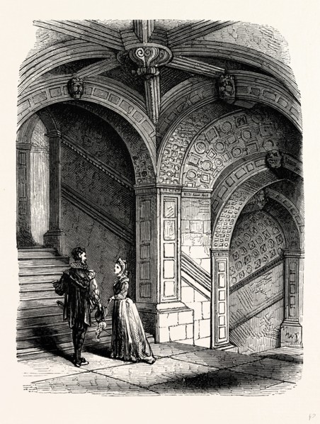 The Ancient Stone Staircase, Burleigh House, UK, England, engraving 1870s, Britain