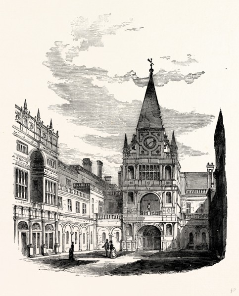 The Quadrangle, looking West, Burleigh House, UK, England, engraving 1870s, Britain