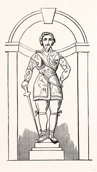 Statue of Sir Richard Leveson in the Courtyard at Trentham, UK, England, engraving 1870s, Britain