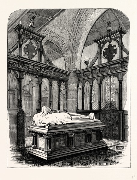 Monument of Harriet, Duchess of Sutherland, Trentham Church, UK, England, engraving 1870s, Britain