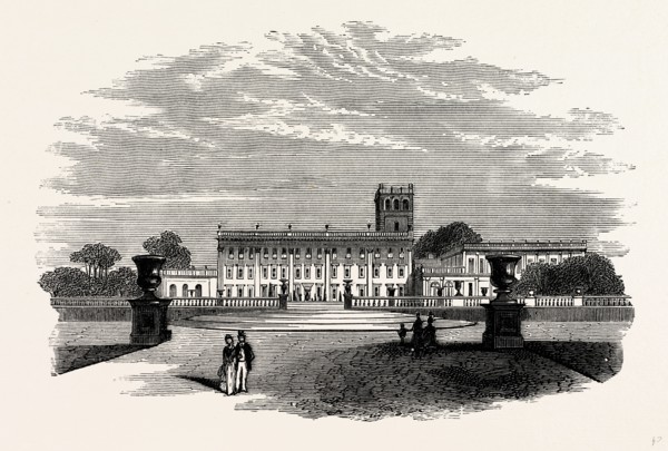 The South Front, from the Italian Gardens, Trentham, UK, England, engraving 1870s, Britain