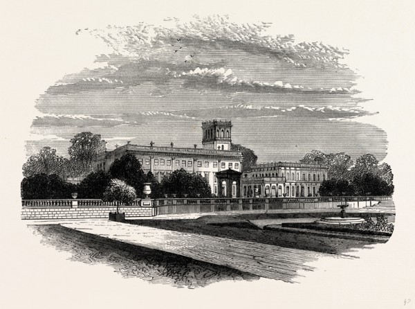 The South Front, with Grecian Tempe, Trentham, UK, England, engraving 1870s, Britain