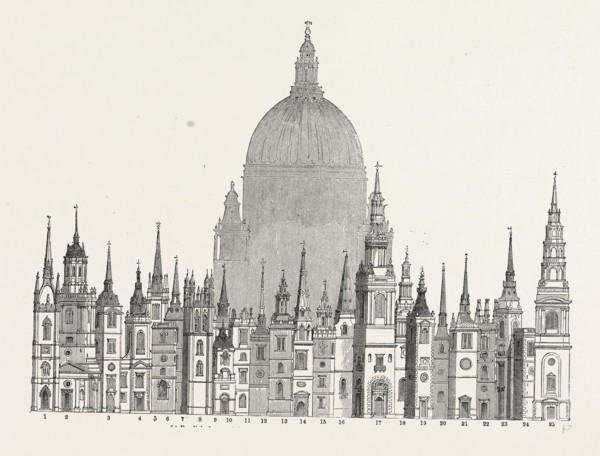 Parallel principal Towers Steeples built Sir Christopher Wren, London, England, engraving 19th