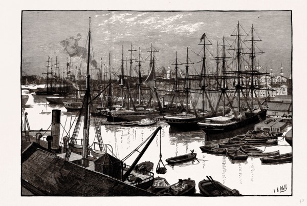West India Docks, UK, Isles of Dogs, London, engraving 1881 - 1884