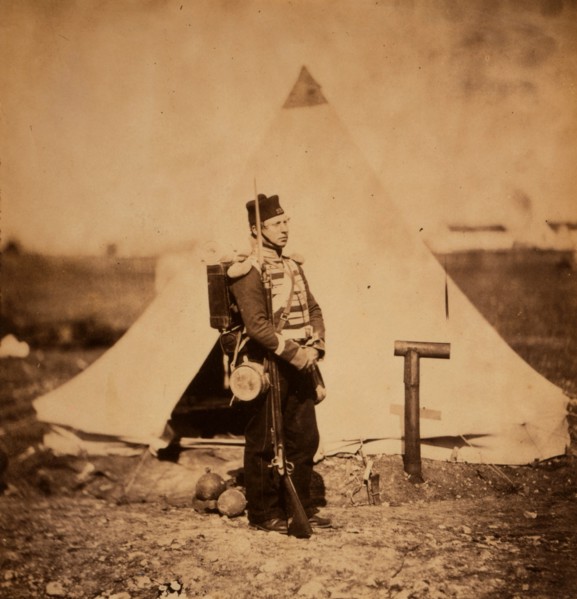 Private in full marching order, Crimean War, 1853-1856, Roger Fenton historic war campaign photo