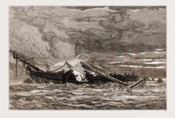 THE BURNING OF THE TRAINING SHIP "WARSPITE" OFF WOOLWICH, UK, 1876: SKETCHED ON THE DAY OF THE