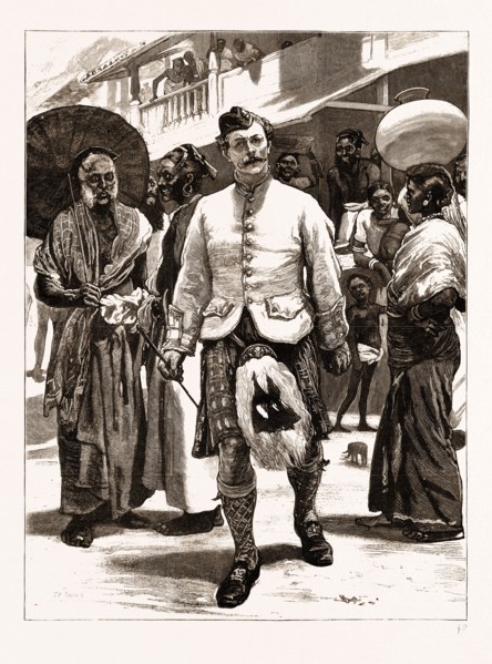 THE PRINCE OF WALES IN CEYLON, SRI LANKA, 1876: THE PRINCE'S HIGHLAND PIPER ASTONISHING THE KANDYAN