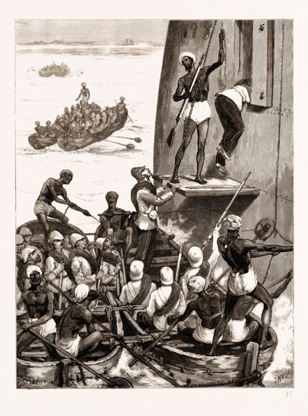 THE PRINCE OF WALES IN INDIA, 1876: TROOPS OF THE 43RD REGIMENT EMBARKING AT CANANORE TO MEET THE