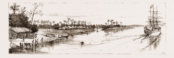 THE PRINCE OF WALES IN INDIA, 1876: GOING UP THE HOOGHLY: VILLAGERS OF OOLSOKERRIA TURNING OUT TO