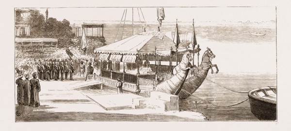 THE PRINCE OF WALES EMBARKING IN THE STATE BARGE TO VISIT THE RAJAH OF BENARES, INDIA, 1876