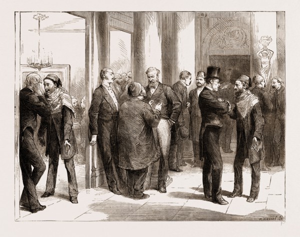 BETWEEN THE ACTS AT THE OPERA HOUSE: MERCHANTS AND BANKERS DISCUSSING THE PURCHASE, CAIRO, EGYPT,
