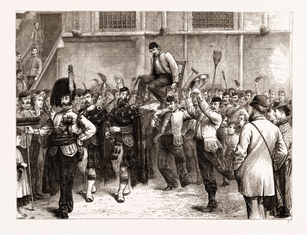 A HIGHLAND SOLDIER'S WEDDING AT STIRLING CASTLE: CHAIRING THE BRIDEGROOM, UK, 1876