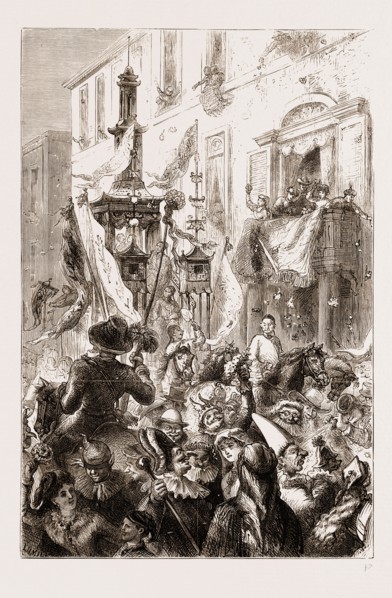 THE CARNIVAL AT ROME, ITALY, MASKS IN THE CORSO, 1876: THE CHINESE CAR