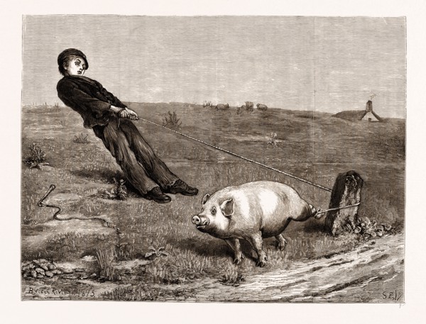 "A DOUBLE ENTENDRE", FROM THE PAINTING BY BRITON RIVIERE, 1876