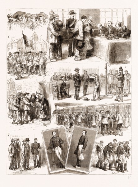 THE SYSTEM OF CONSCRIPTION IN FRANCE, 1876: 1. Specimens of the Conscripts. 2. Drawing Lots. 3.