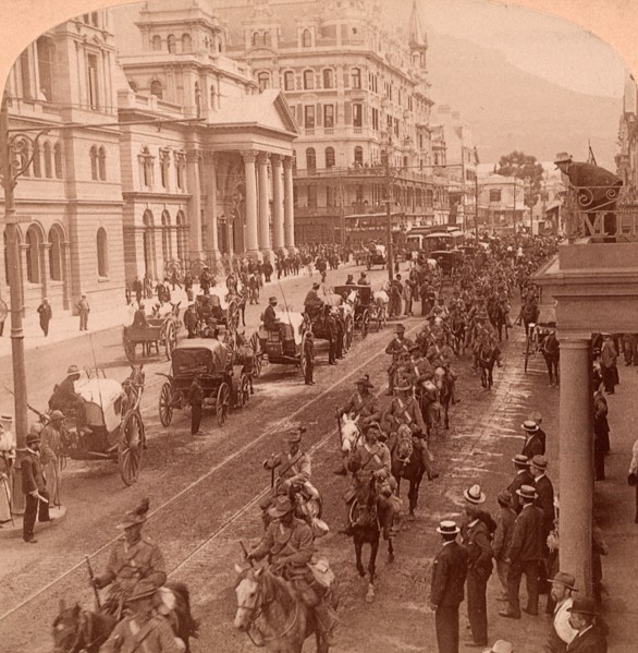 South African Light Horse coming down Adderly Street, to entrain for the front, Cape Town, South