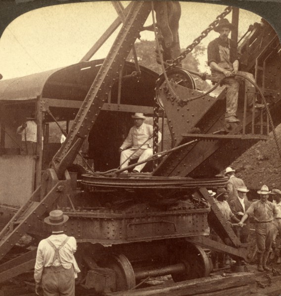 President Roosevelt running an American steam-shovel at Culebra Cut, Panama Canal in Panama that