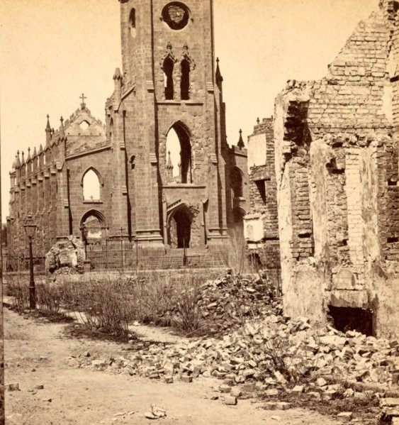 Ruins of Cathedral, Broad Street, front view, USA, US, Vintage photography