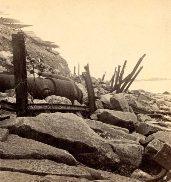 Sea face of Fort Sumpter (i.e. Sumter), shewing (i.e. showing) broken guns &c. Fort Sumter is a