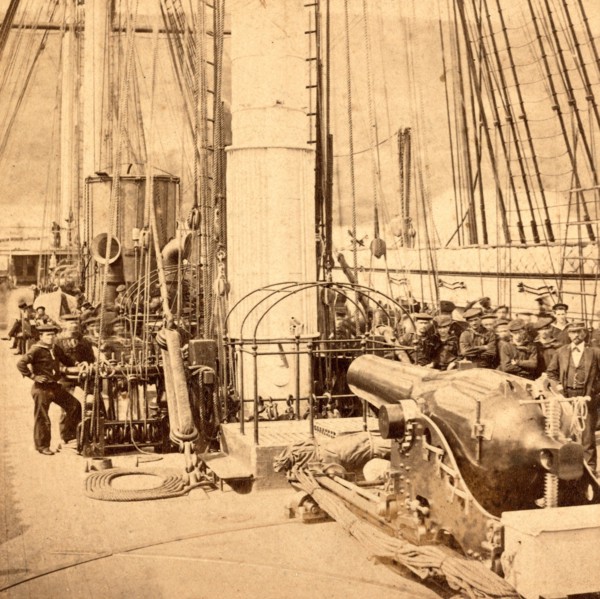 Sailors and a cannon on deck of a gunboat, US, USA, America, Vintage photography