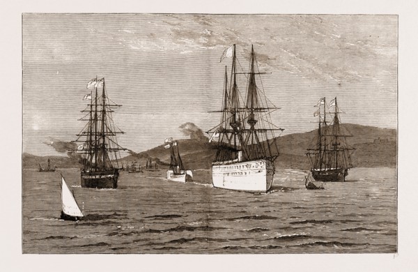 THE ROYAL VISIT TO INDIA: THE "SERAPIS " WITH THE PRINCE OF WALES ON BOARD LEAVING BOMBAY HARBOUR,