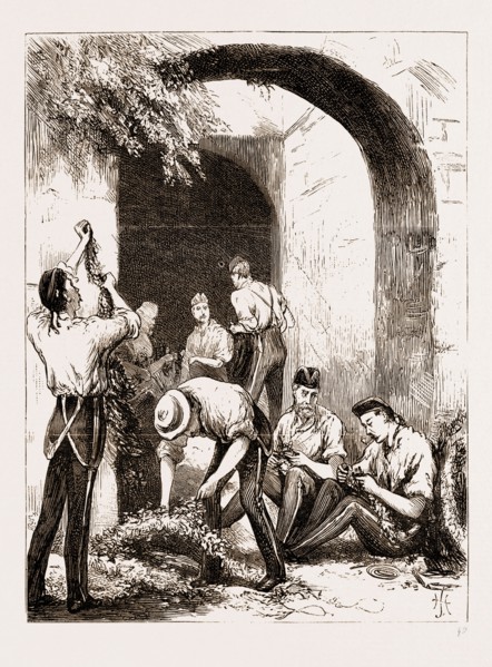 THE PRINCE OF WALES AT GIBRALTAR, 1876: SOLDIERS VAKING DECORATIONS IN THE OLD SALLY-PORT OF THE