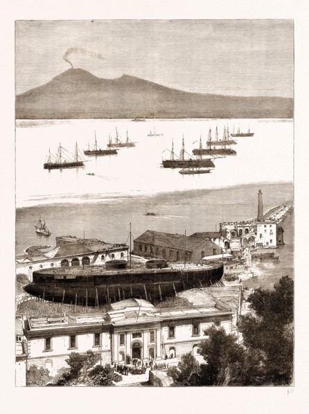 THE ITALIAN NAVY: THE NEW IRONCLAD "DUILIO" ON THE STOCKS IN THE HARBOUR OF CASTELLAMARE, ITALY,