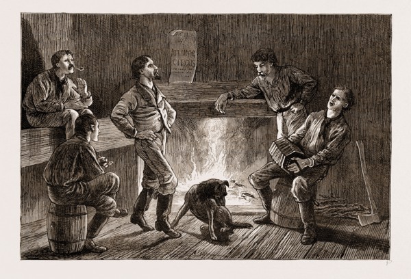 EVENING IN A LOGGER'S HUT: "GIVING THE BOYS A STEP", CALIFORNIA, US, U.S., U.S.A., UNITED STATES,